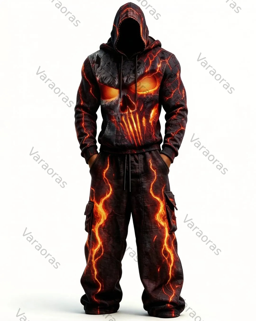 Men's Fashion Skull Contrast Color Embroidered Hoodie & Pants Two-Piece Set 6869