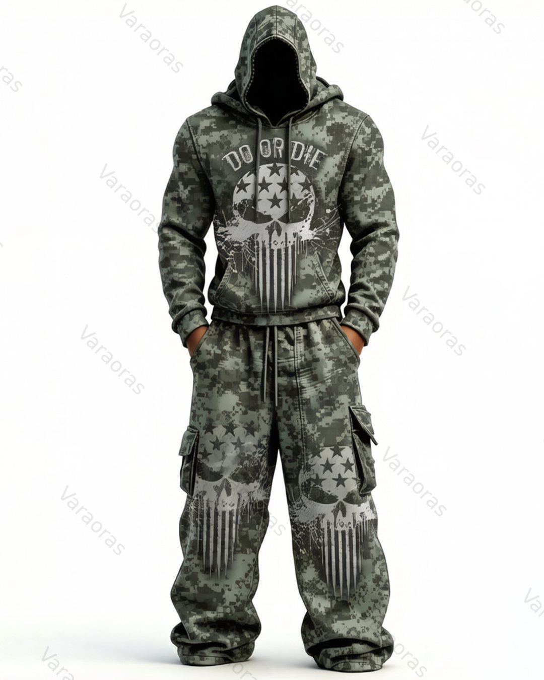 Men's Fashion Skull Contrast Color Embroidered Hoodie & Pants Two-Piece Set 6067