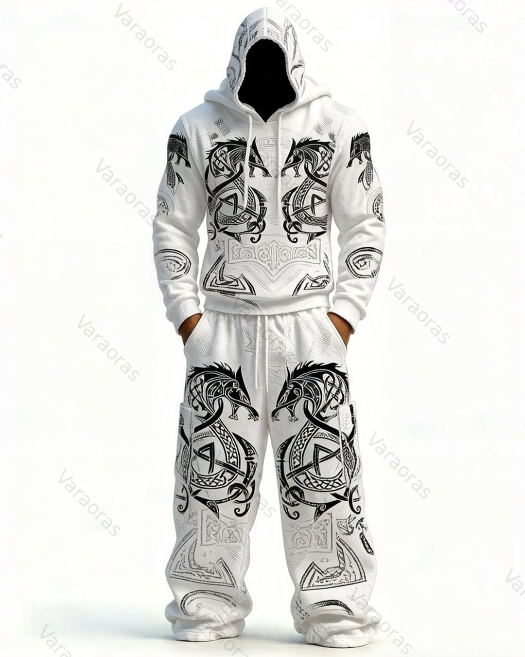 Men's Viking-Style Color-Blocked Knot Embroidered Hoodie and Pants Set 5792