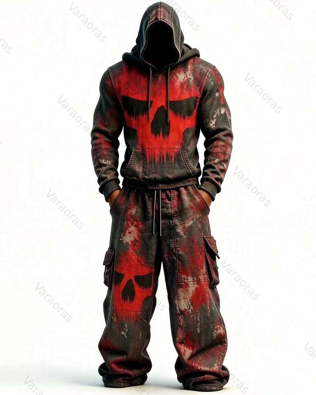 (Short Set) Men's Fashion Skull Contrast Color Embroidered Hoodie & Pants Two-Piece Set 2831