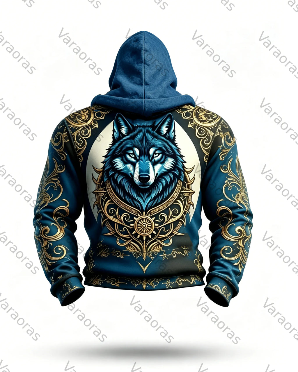 (Short Set) Men's Fashion Viking Contrast Color Wolf Embroidered Hoodie & Pants Two-Piece Set 2222