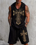 Men's Summer Outdoor Fashion Viking Cross Embroidered Sleeveless Hooded Sweatshirt and Shorts Two-Piece Set 5796