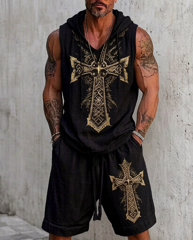 Men's Summer Outdoor Fashion Viking Cross Embroidered Sleeveless Hooded Sweatshirt and Shorts Two-Piece Set 5796