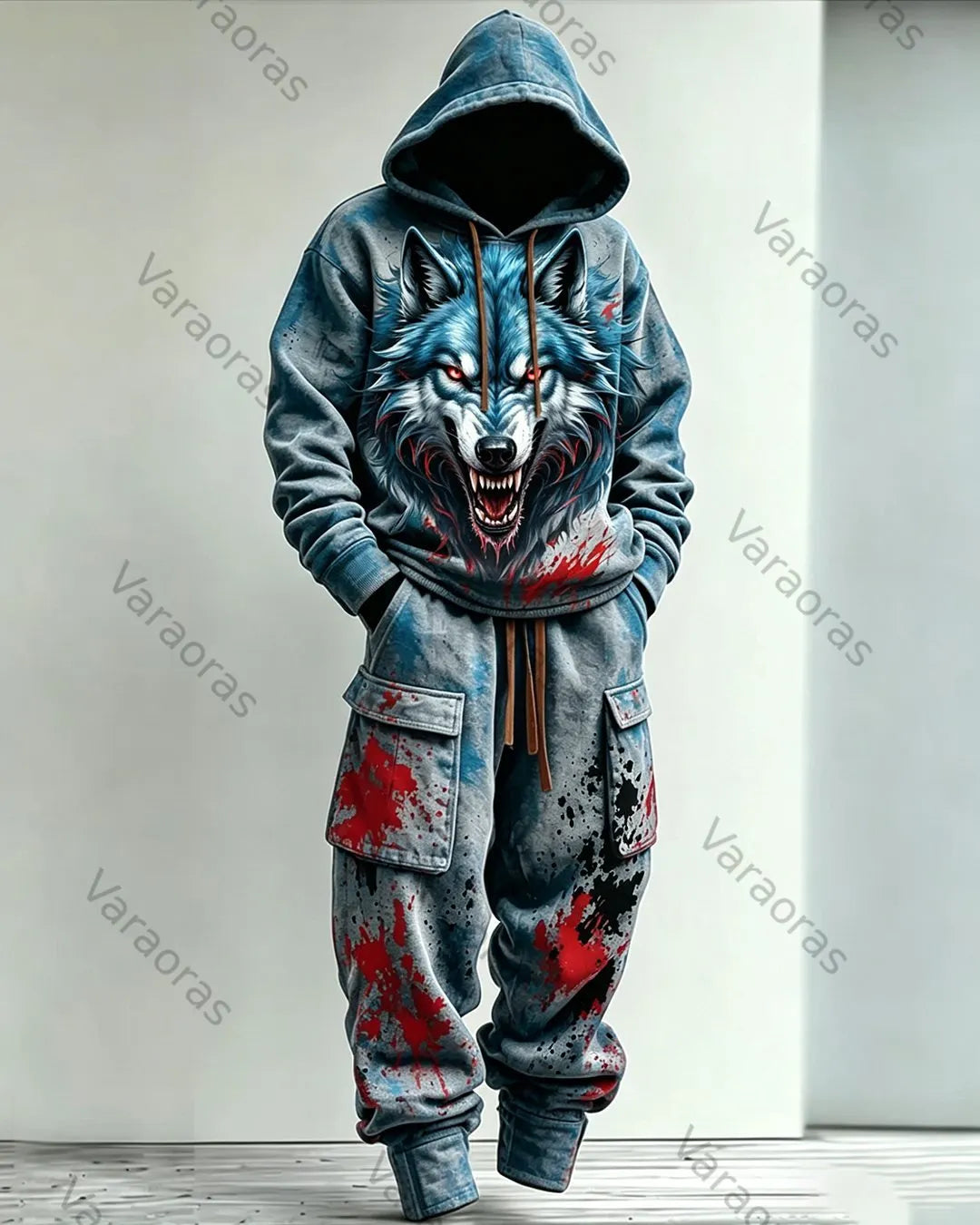 Men's Fashion Viking Contrast Color Wolf Embroidered Hoodie & Pants Two-Piece Set 2946