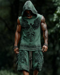 Men's Viking-Style Fashion Contrast-Color Embroidered Hooded Sleeveless Top & Shorts Two-Piece Set 2733