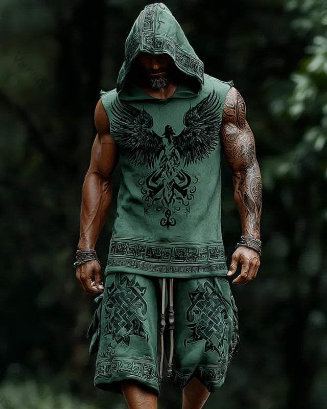 Men's Viking-Style Fashion Contrast-Color Embroidered Hooded Sleeveless Top & Shorts Two-Piece Set 2733