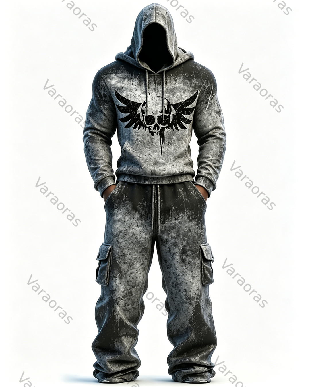 Men's Fashion Gradient Skull Embroidered Hoodie & Pants Two-Piece Set 1008
