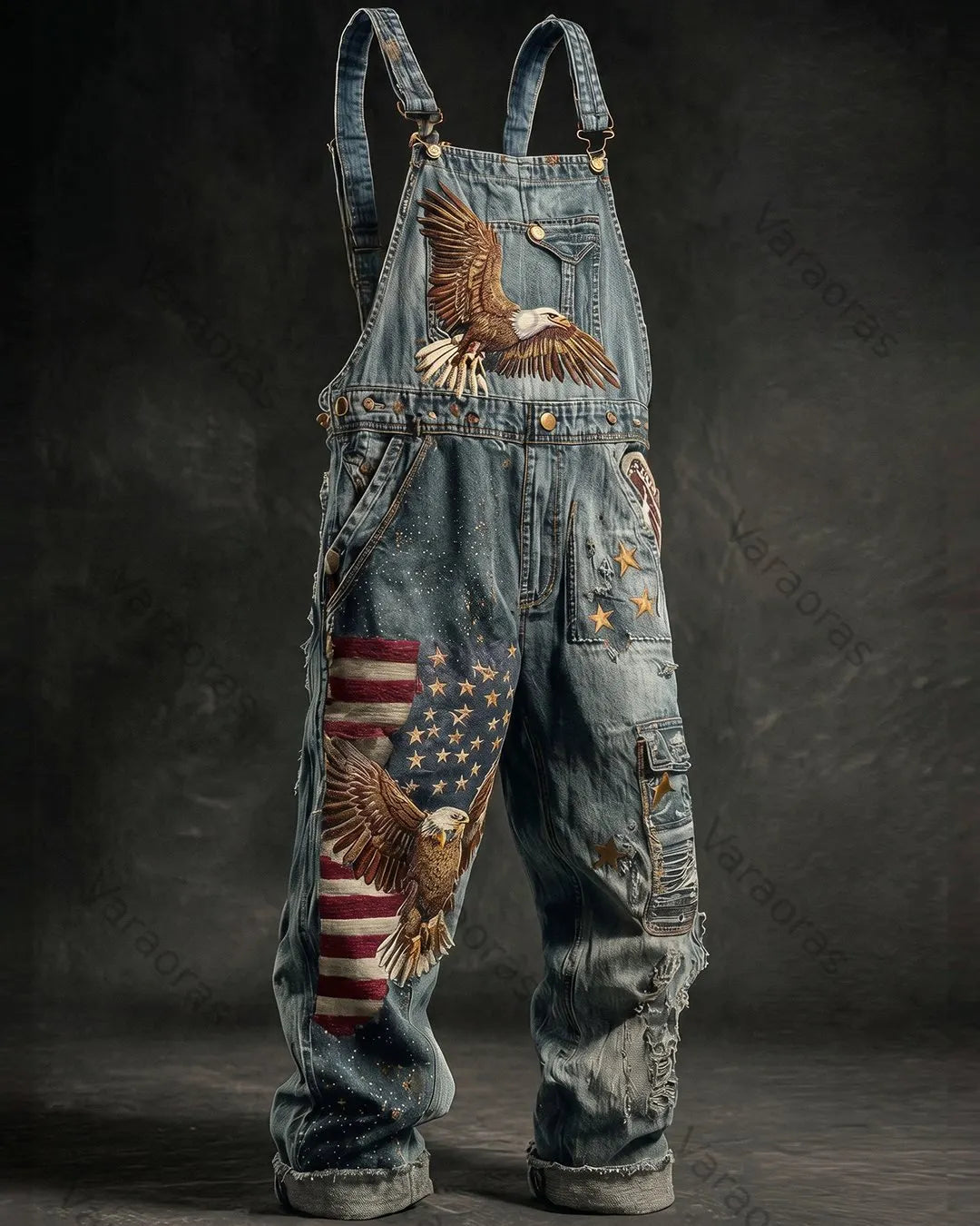 Men's Summer Outdoor Casual Independence Day 3D Embroidered Denim Jumpsuit Overalls 5532