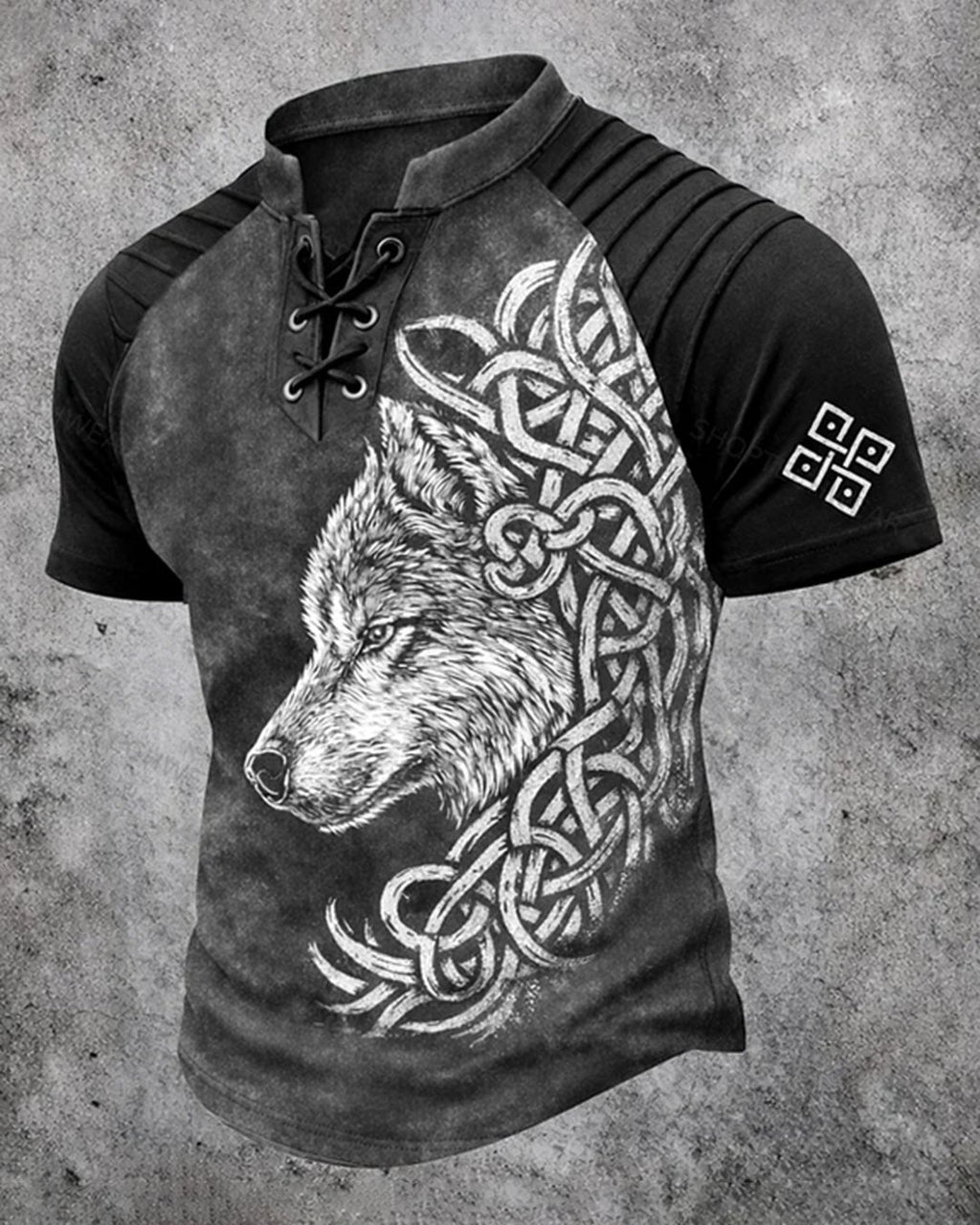 Men's Viking Wolf Symbol Print Short-Sleeve Henley T-Shirt 3246