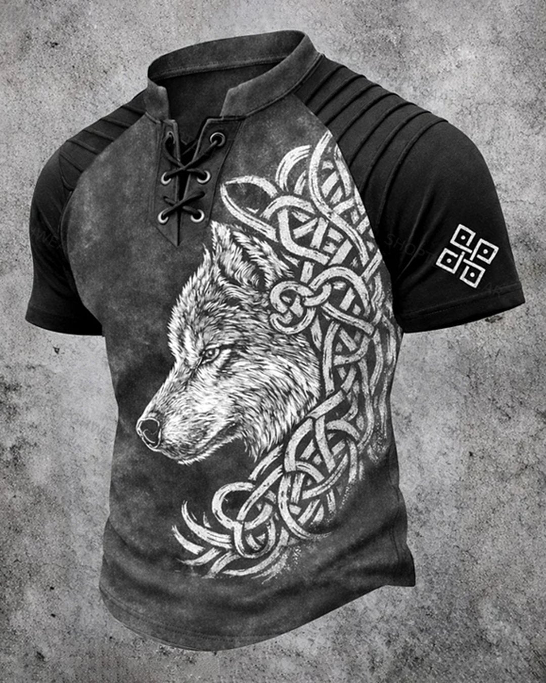 Men's Viking Wolf Symbol Print Short-Sleeve Henley T-Shirt 3246
