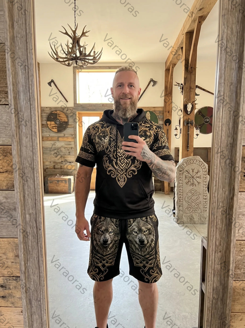 Men's Viking Contrast Color Wolf Embroidered Short-Sleeve Hoodie & Shorts Two-Piece Set 5624