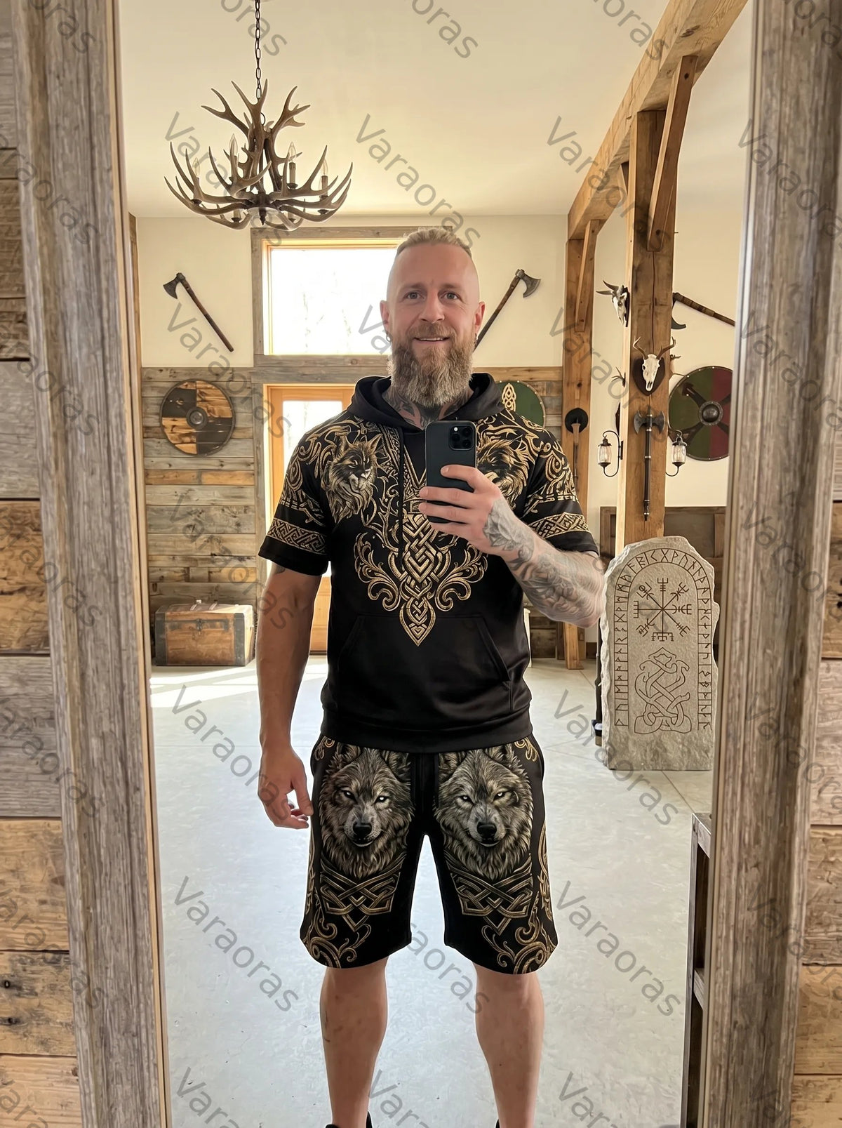 Men's Viking Contrast Color Wolf Embroidered Short-Sleeve Hoodie & Shorts Two-Piece Set 5624