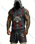 Men's Summer Outdoor Sports Viking Wolf Embroidered Hooded Sleeveless Top & Shorts Two-Piece Set 8396