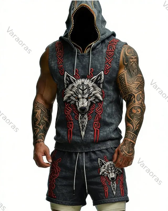 Men's Summer Outdoor Sports Viking Wolf Embroidered Hooded Sleeveless Top & Shorts Two-Piece Set 8396