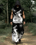 Men's Viking-Style Color-Block Embroidered Hooded Sleeveless Top and Pants Two-Piece Set 6560