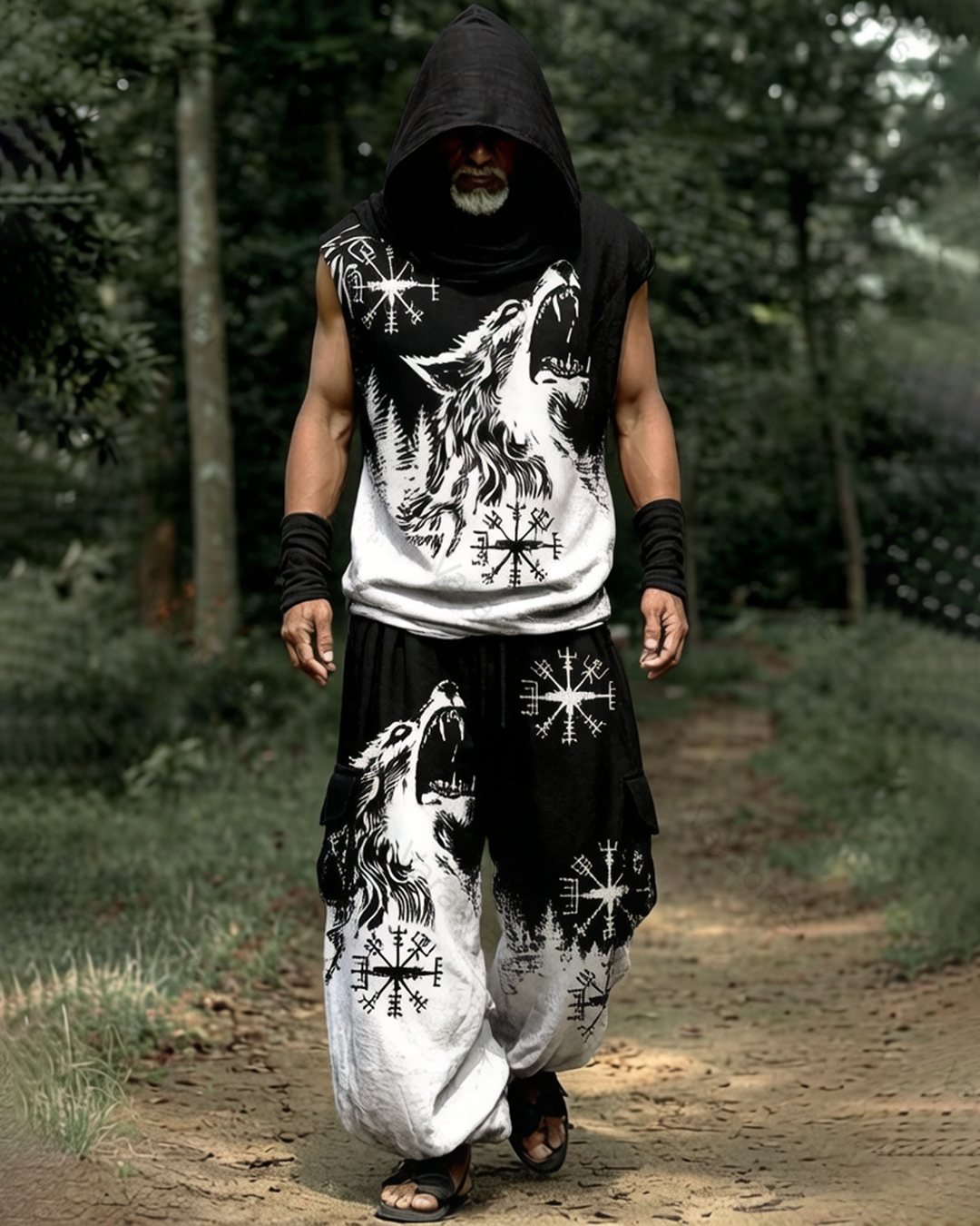 Men's Viking-Style Color-Block Embroidered Hooded Sleeveless Top and Pants Two-Piece Set 6560