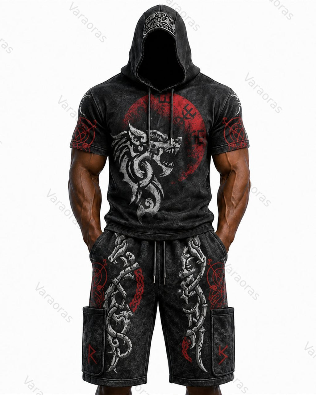 Men's Viking Color-Block Embroidered Hooded Short-Sleeved Top and Shorts Set 6796