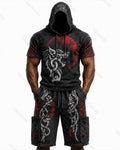 Men's Viking Color-Block Embroidered Hooded Short-Sleeved Top and Shorts Set 6796