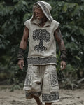Men's Viking-Style Fashion Contrast-Color Embroidered Hooded Sleeveless Top & Shorts Two-Piece Set 1230