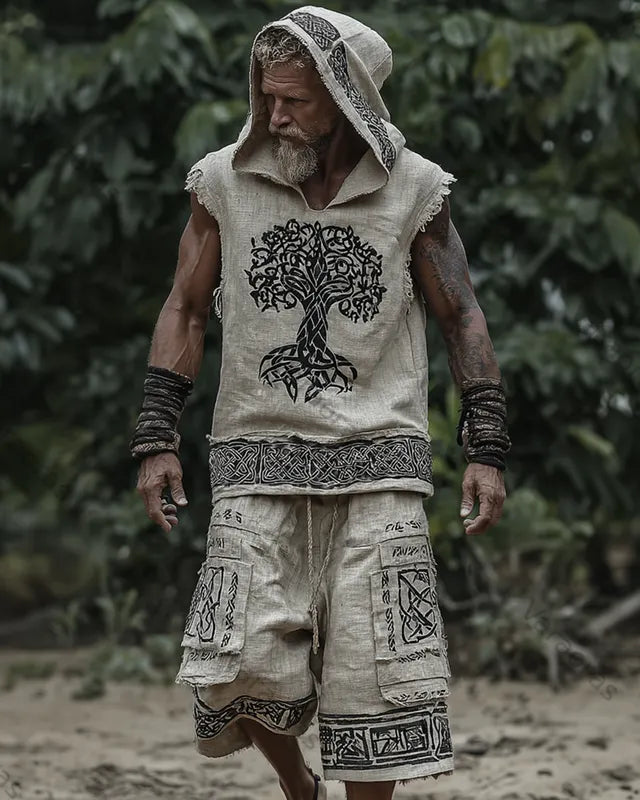 Men's Viking-Style Fashion Contrast-Color Embroidered Hooded Sleeveless Top & Shorts Two-Piece Set 1230