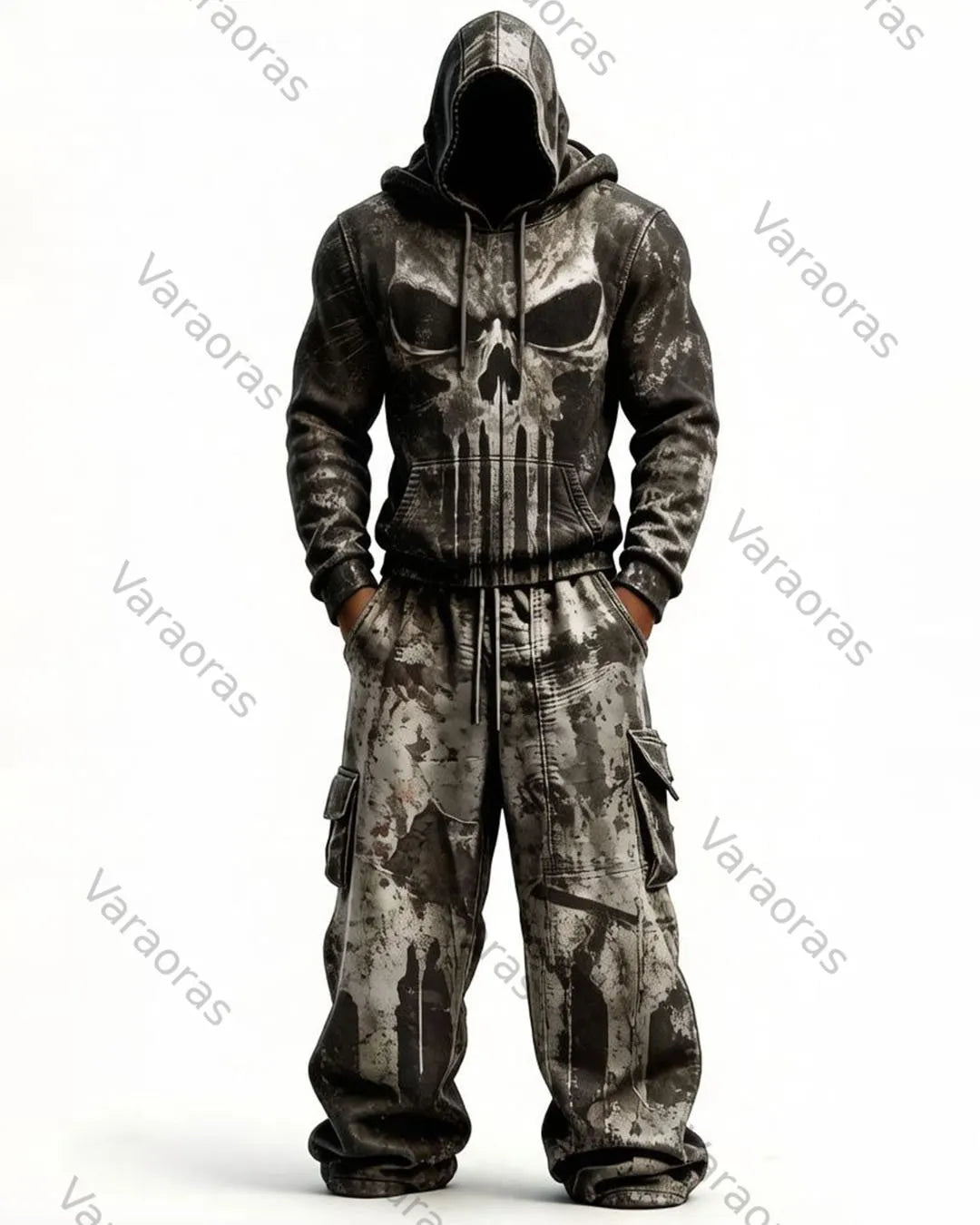 Men's Fashion Skull Contrast Color Embroidered Hoodie & Pants Two-Piece Set 4099
