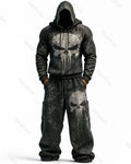 Men's Fashion Skull Contrast Color Embroidered Hoodie & Pants Two-Piece Set 7736