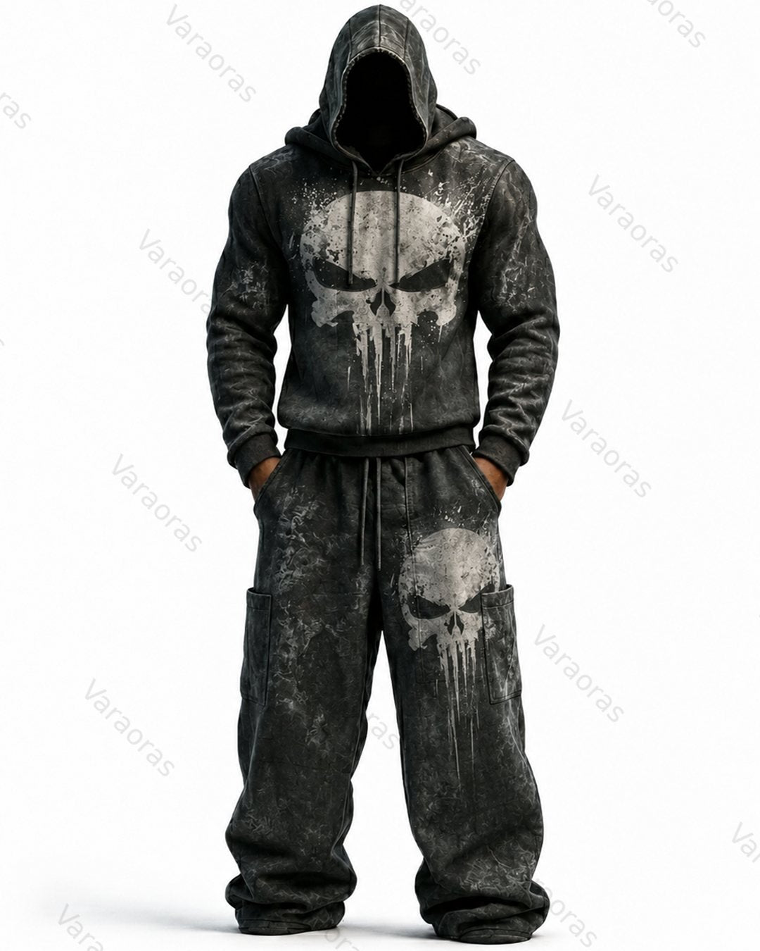 Men's Fashion Skull Contrast Color Embroidered Hoodie & Pants Two-Piece Set 7736