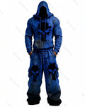 (Short Set) Men's Color-Block Skull-Embroidered Hoodie & Pants Two-Piece Set 1434