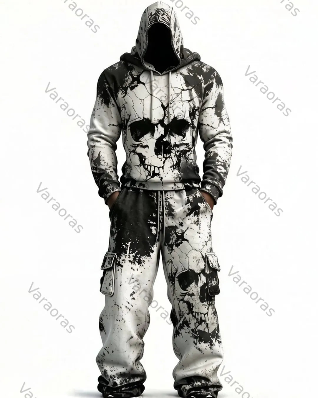 Men's Fashion Skull Contrast Color Embroidered Hoodie & Pants Two-Piece Set 9862