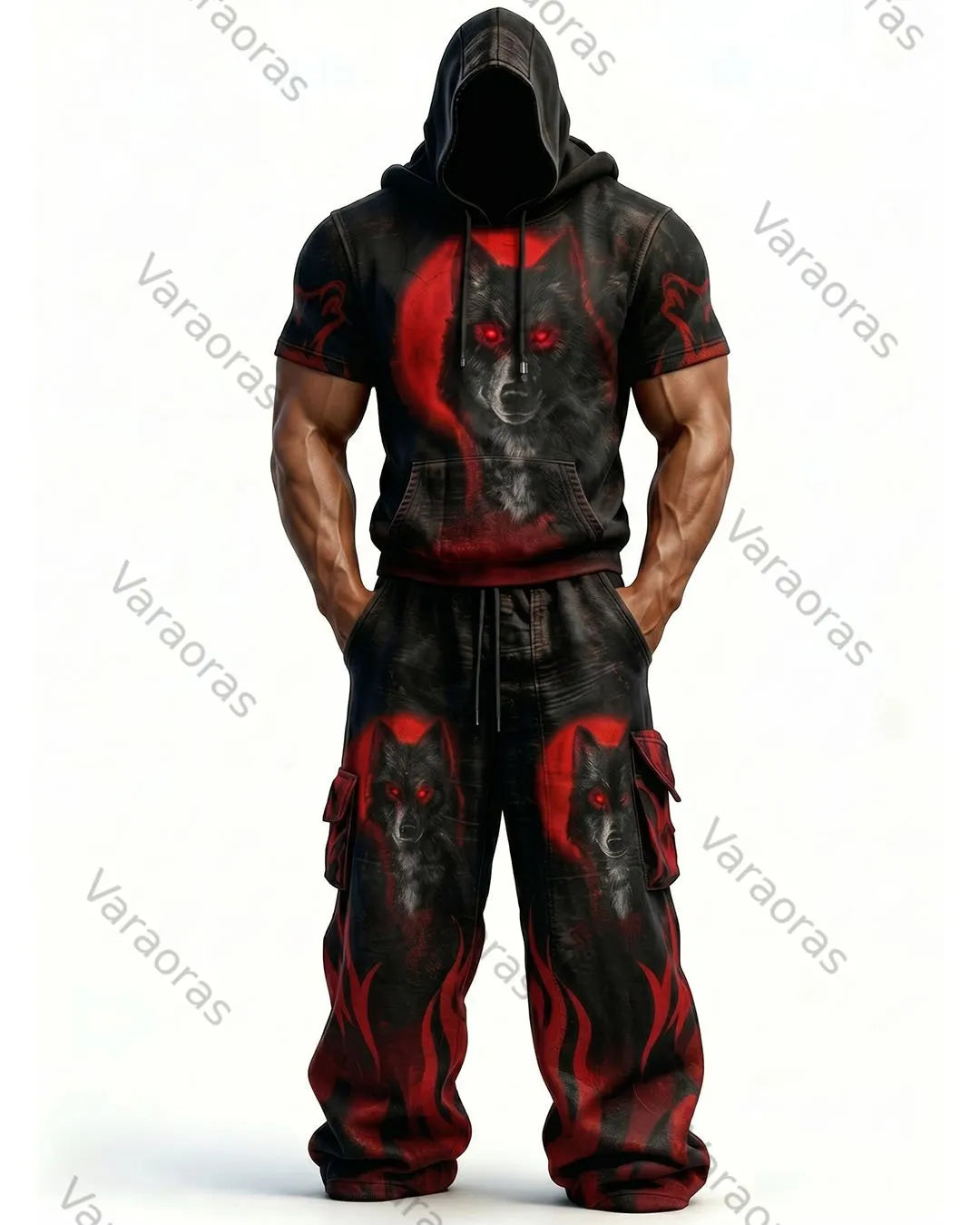 Men's Fashion Viking Contrast Color Embroidered Hoodie & Pants Two-Piece Set 6432