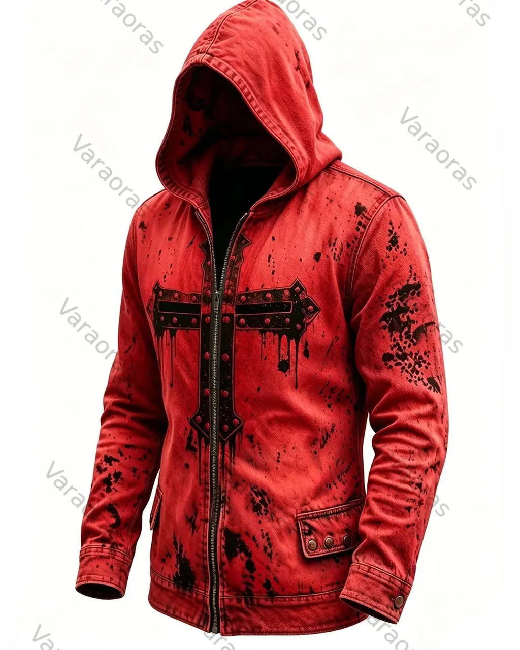 Men's Retro Fashion Red Cross Print Cotton Linen Hooded Zipper Jacket 5139