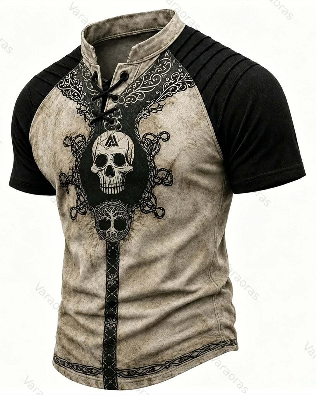 Men's Viking Skull Print Short-Sleeve Henley T-Shirt 9484