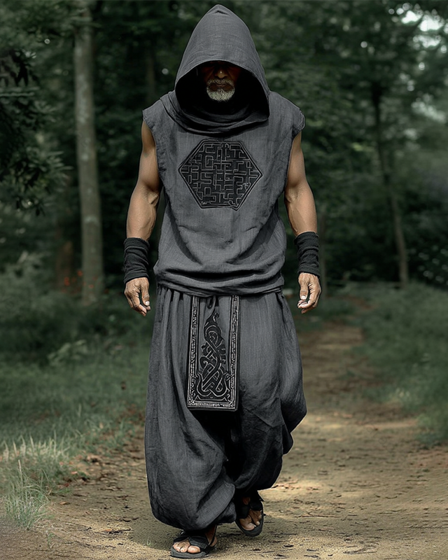 Men's Viking Color-Block Embroidered Linen Sleeveless Hooded Top and Pants Two-Piece Set 3999