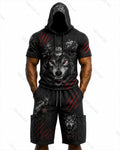 Men's Viking Color-Block Embroidered Hooded Short-Sleeved Top and Shorts Set 5299
