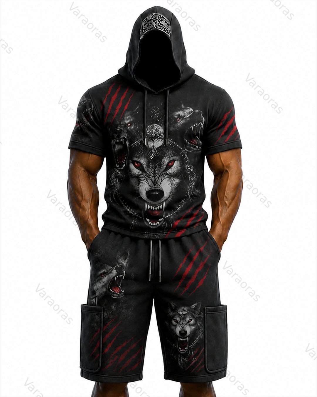 Men's Viking Color-Block Embroidered Hooded Short-Sleeved Top and Shorts Set 5299