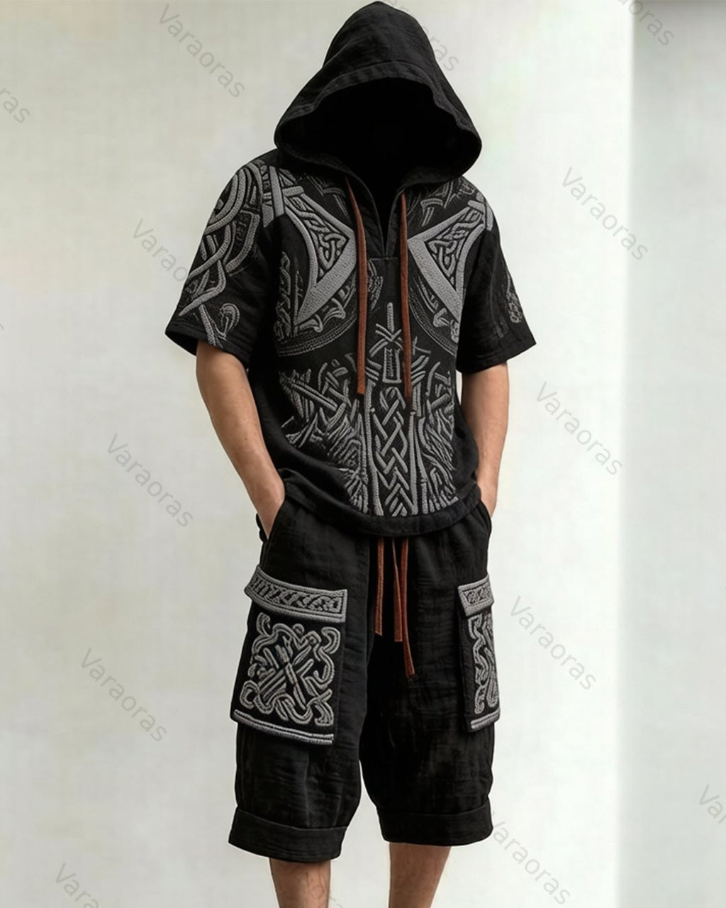 Men's Summer Fashion Viking Embroidered Short-Sleeve Hooded Top and Pants Two-Piece Set 7591