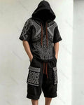 Men's Summer Fashion Viking Embroidered Short-Sleeve Hooded Top and Pants Two-Piece Set 7591