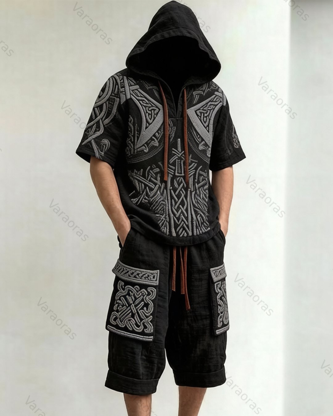 Men's Summer Fashion Viking Embroidered Short-Sleeve Hooded Top and Pants Two-Piece Set 7591