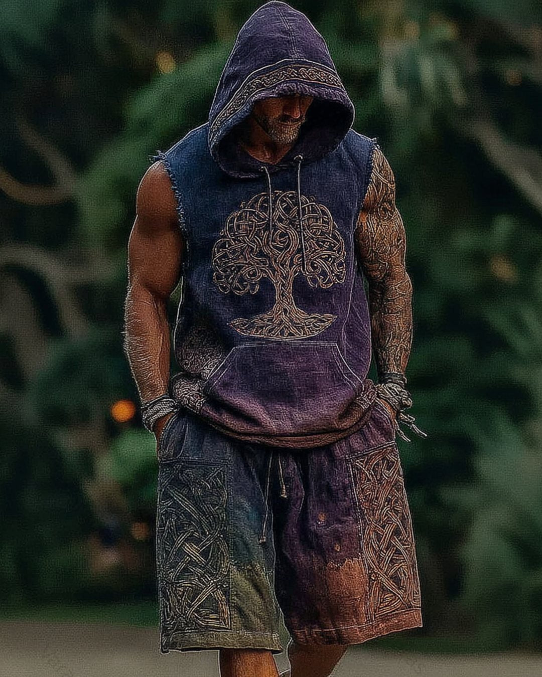 Men's Viking Gradient Embroidered Sleeveless Hooded Top and Shorts Set 1301