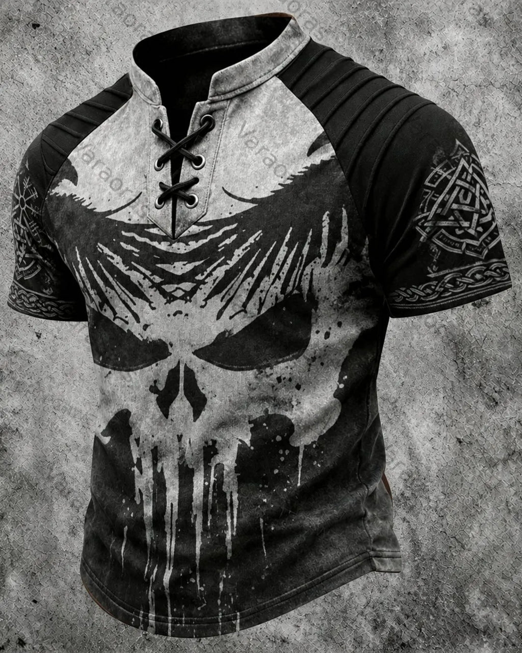 Men's Viking Skull Print Short-Sleeve Henley T-Shirt 3904