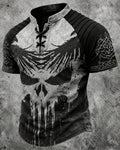 Men's Viking Skull Print Short-Sleeve Henley T-Shirt 3904