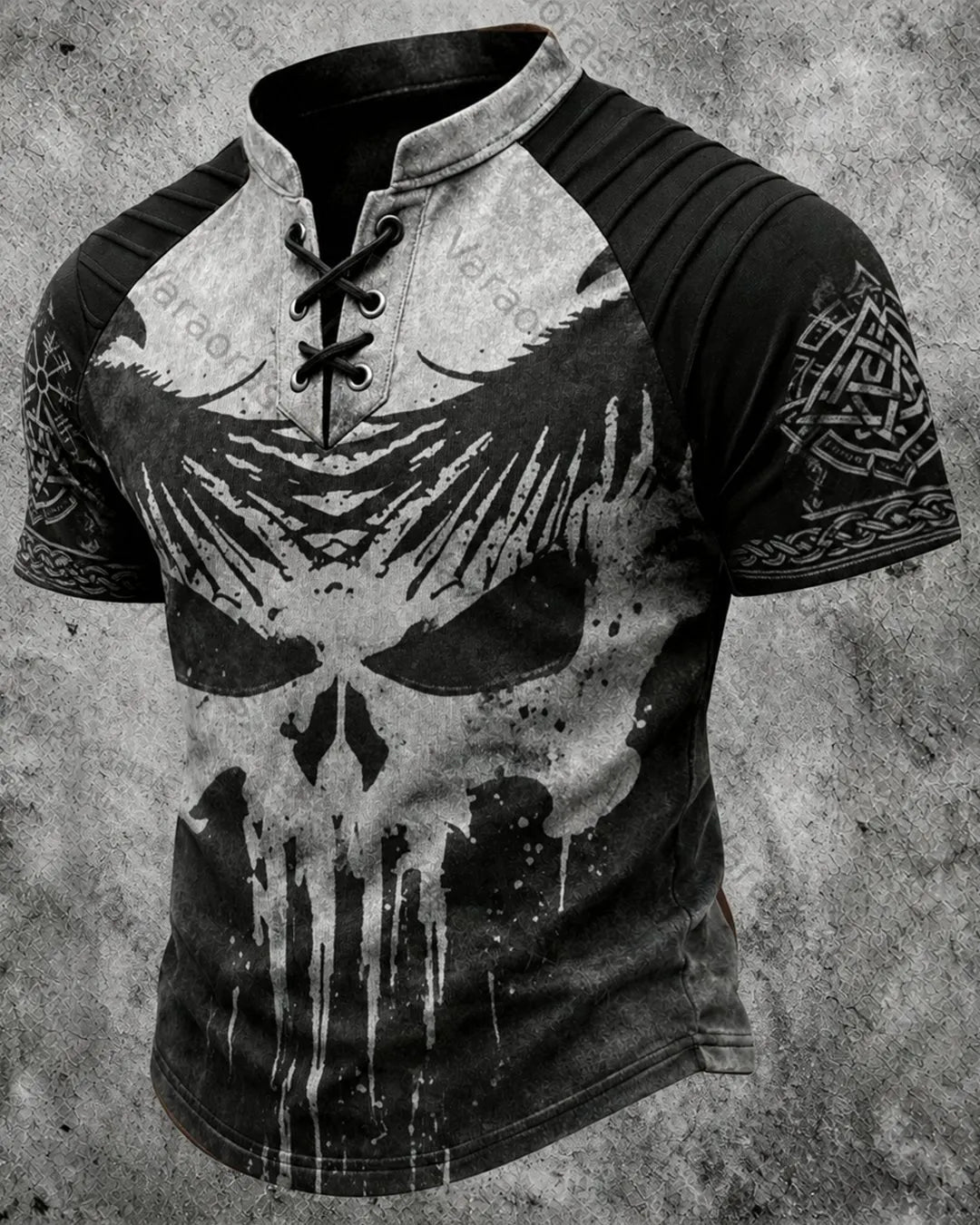 Men's Viking Skull Print Short-Sleeve Henley T-Shirt 3904