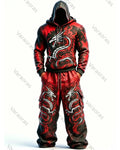 Men's Fashion Contrast Colo Red Dragonr Embroidered Hoodie & Pants Two-Piece Set 3029
