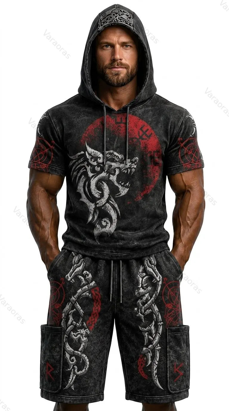 Men's Viking Color-Block Embroidered Hooded Short-Sleeved Top and Shorts Set 6796