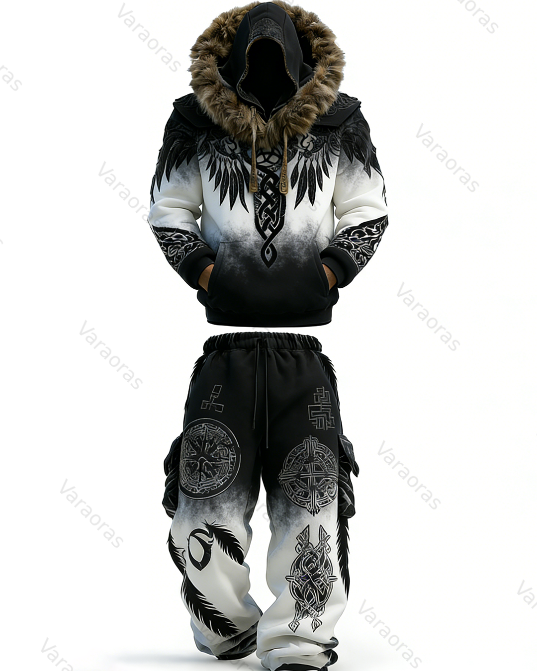 Men's Winter Warmth Gradient Faux Fur Hoodie and Pants Two-Piece Set 9139