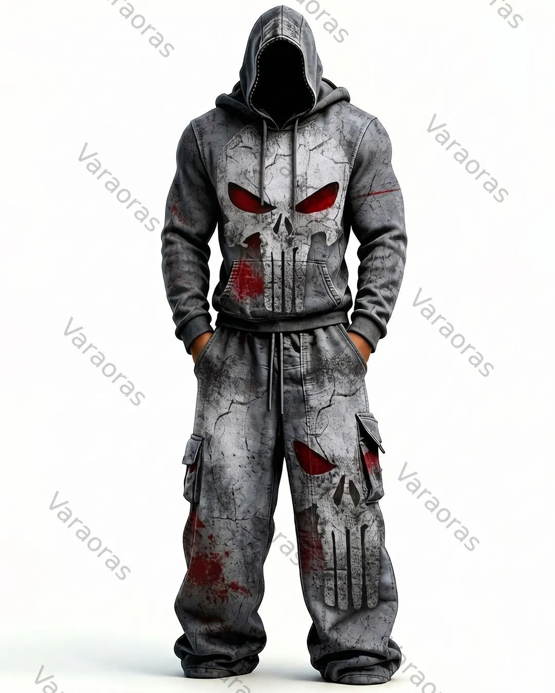 Men's Fashion Skull Contrast Color Embroidered Hoodie & Pants Two-Piece Set 5164