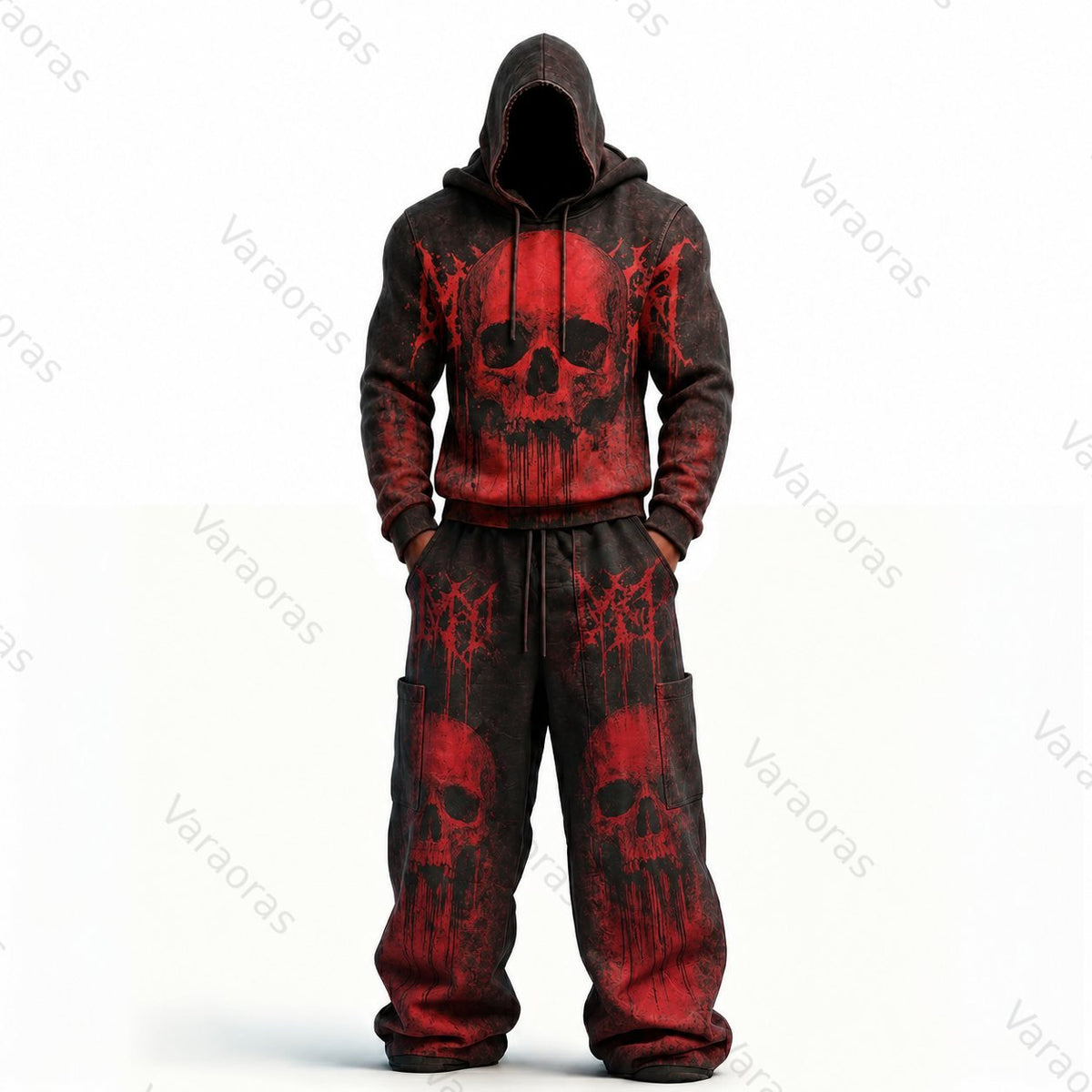 Men's Fashion Skull Contrast Color Embroidered Hoodie & Pants Two-Piece Set 8036