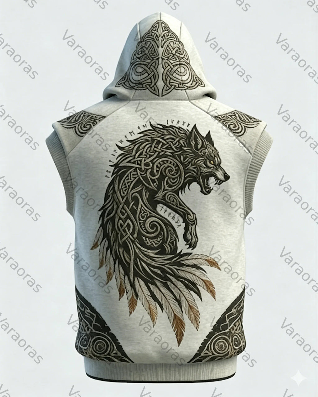 Men's Viking Color-Block Embroidered Linen Sleeveless Hooded Top and Pants Two-Piece Set 9121