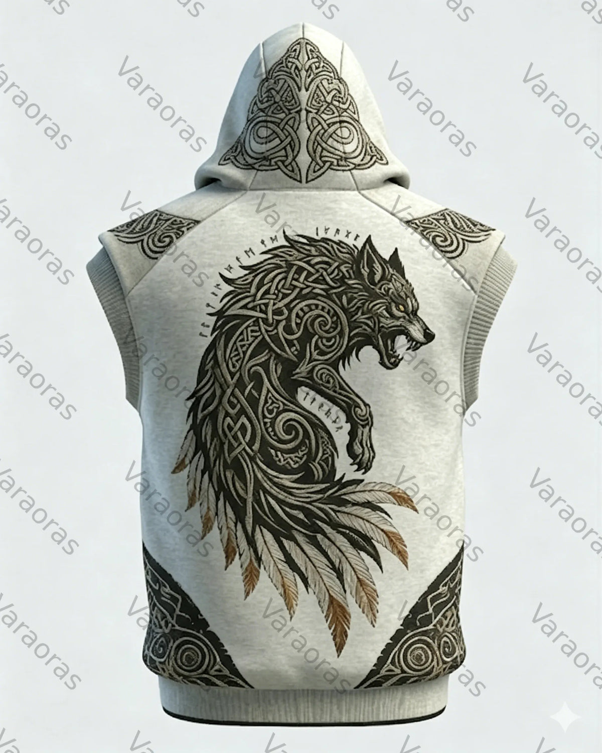 Men's Viking Color-Block Embroidered Linen Sleeveless Hooded Top and Pants Two-Piece Set 9121