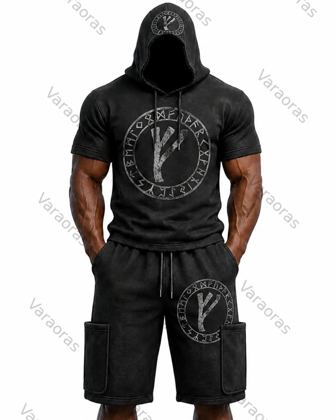 Men's Fashion Viking Rune Print Top & Shorts Two-Piece Set 2706